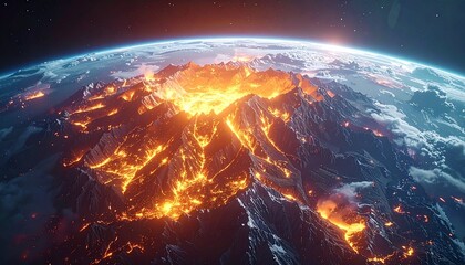 Aerial View of Mountainous Landscape Glowing with Bright Orange Light on Earth Planet