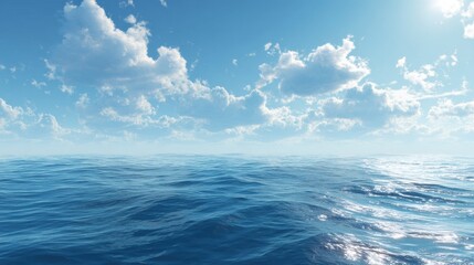 Obraz premium Open ocean view with blue sky and fluffy white clouds, serene seascape, horizon perspective, sunny day, calm water