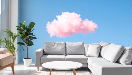 Elegant Interior Decor With Gray Sectional Sofa Pink Cloud Wall Art And Fiddle Leaf Fig In Bright Sunny Room