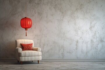 A cozy armchair with a red lantern hangs above it in a room.