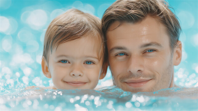 Father and son smiling together in swimming pool, concept of family bonding, happiness and summer lifestyle.