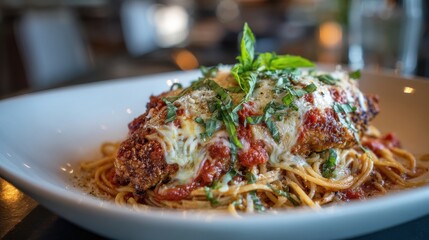 Chicken Parmesan Served Over Spaghetti Close Up Food Photography Italian Cuisine Restaurant Meal Dining