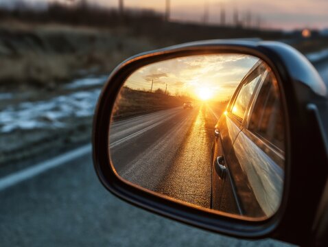 Car side mirror reflecting road at sunset golden hour travel concept close up view from driver seat