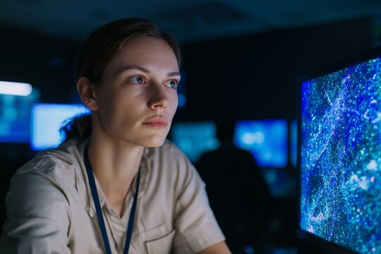 Woman Analyzing Data in Dark Room