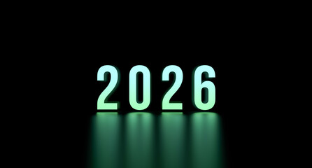 2026, neon number, the number 2026 glowing with reflection on a black background. Green 2026 with a tint, abstract concept, wallpaper. 3D render