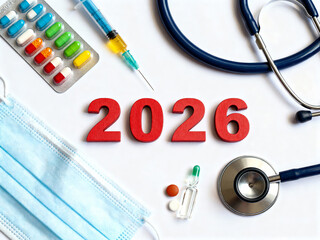 2026 Medicine background with syringes and medical supplies on white. Top view