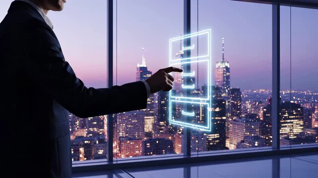 Businessman interacts with holographic blueprint interface against urban skyline at twilight. Digital architecture planning, real estate development visualization, property construction design - Powered by Adobe