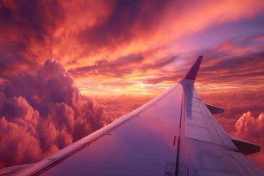 Airplane wing soars above fiery cloudscape at sunset dramatic aerial view from aircraft window travel adventure