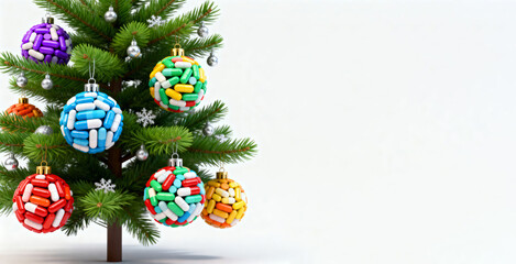 New Year's balls made of multi-colored pills hang on the New Year tree, white background, text space