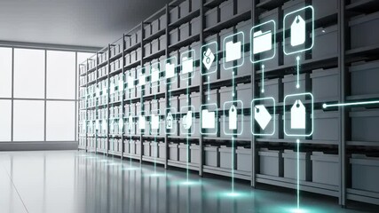 Modern warehouse with storage racks and glowing digital tag icons. Smart inventory management system, logistics technology, supply chain automation, product tracking, and connected distribution - Powered by Adobe