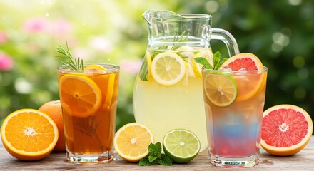 Citrus drinks and fruit on wooden table