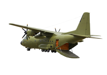 Isolated military transport plane, turboprop aircraft with open cargo door, olive drab paint