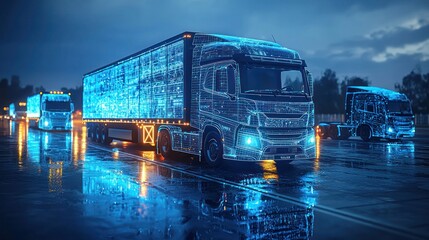 Futuristic self-driving trucks on wet road with glowing blue digital overlay