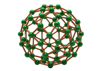 Isolated molecular model in 3d with green atoms connected by copper-colored rods for scientific studies