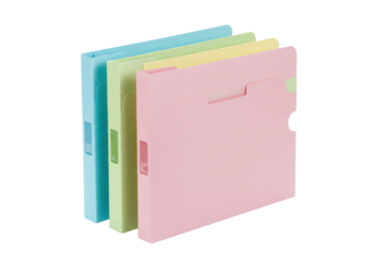 Isolated pastel-colored file folders stacked against each other in a clean studio setup