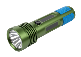 Isolated rugged green LED flashlight for camping, power outage, adventure and utility uses