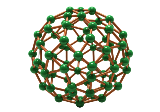 Isolated molecular model in 3d with green atoms connected by copper-colored rods for scientific studies