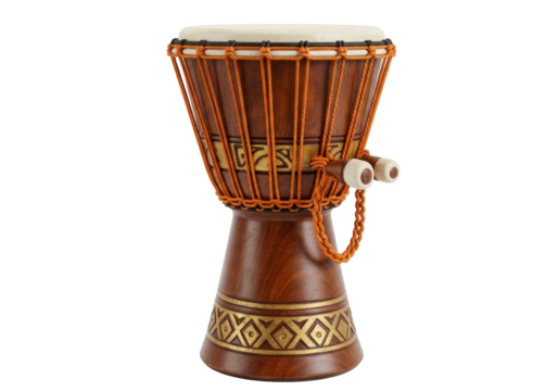 Isolated djembe drum, a traditional percussion instrument with wood body and rope tuning system