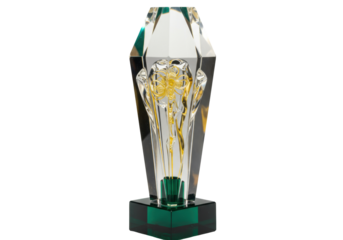 Isolated crystal trophy with golden emblem, reward for recognition achievement success