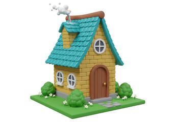 Isolated cartoon-style house rendering, brick structure, blue roof, wooden door, chimney smoke