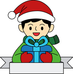logotype of A boy is holding a blue present wearing santa hat