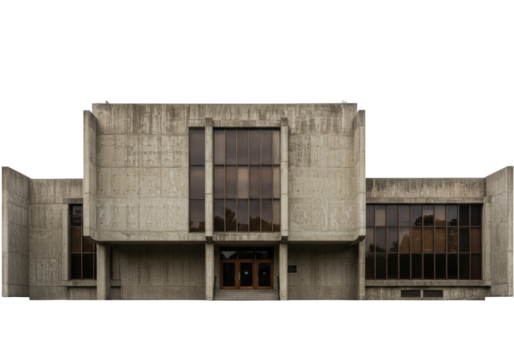 Isolated Modernist building facade for compositing; concrete geometric brutalist architecture