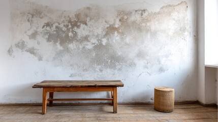 Rustic wooden table and wicker stool against aged plaster wall.