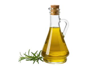 Isolated glass bottle of virgin olive oil next to sprig of fresh rosemary on no background