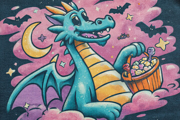 Colorful dragon illustration holding a basket of candy in a whimsical Halloween night scene
