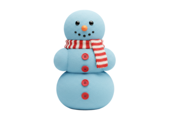 Isolated blue snowman with red and white scarf sits upright on a winter day holiday