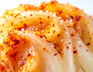A photorealistic extreme close-up showcasing the vibrant texture of traditional spicy Korean kimchi, detailed with bright red chili flakes and savory spices