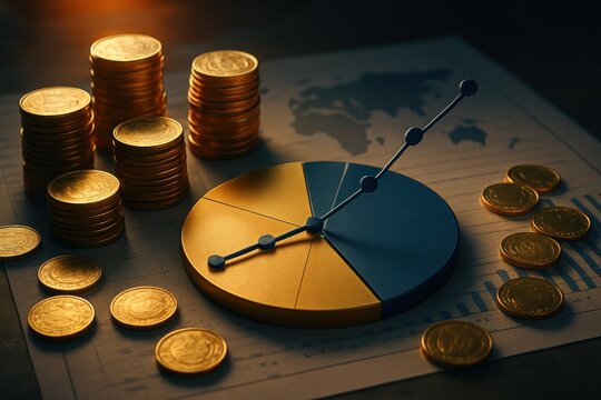 Golden coins, pie chart, and line graph on world map background