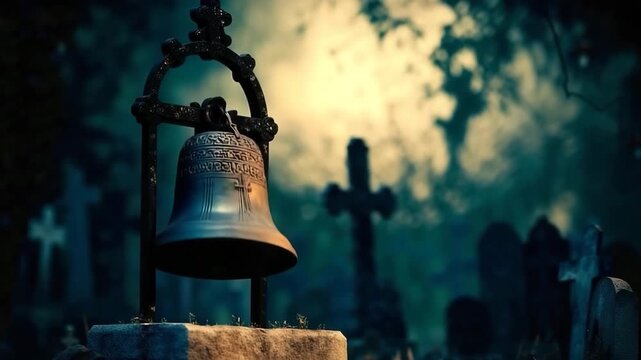 Mysterious antique church bell stands in foggy cemetery at night among ancient stone tombs