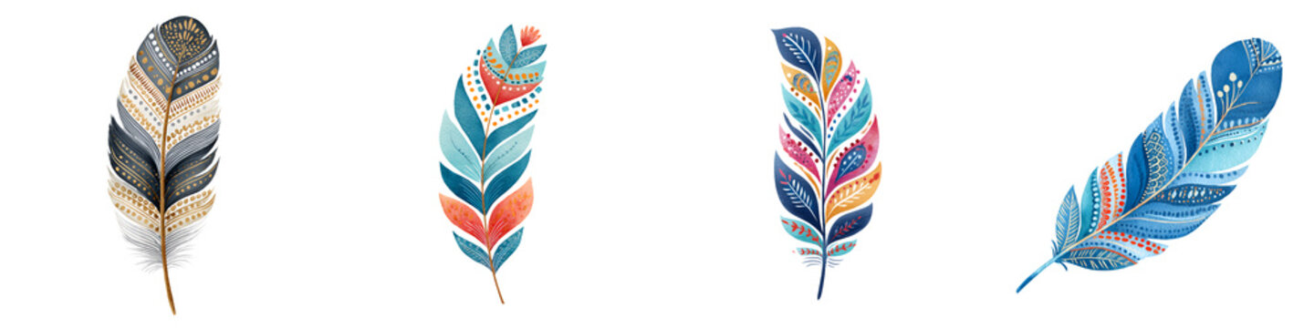 Set of Colorful Decorative Feathers - Bohemian Style Illustration