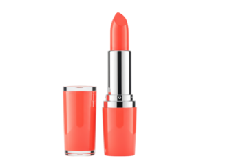 Isolated bright coral lipstick tube with lid, modern design for fashion, beauty or cosmetics ads
