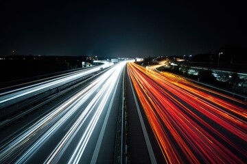 Highway at Night with Light Trails Long Exposure Aerial View of Traffic Flowing on Asphalt Road