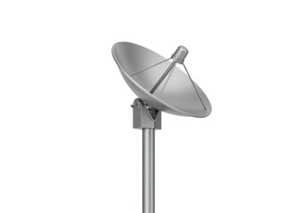 Isolated silver satellite dish antennae used for communication in broadcast and television