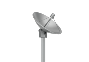 Isolated silver satellite dish antennae used for communication in broadcast and television