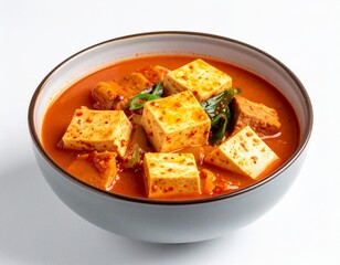 A vibrant bowl of kimchi jjigae, a Korean staple, showcasing tofu and vegetables in a spicy red broth, offering a savory taste