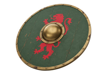 Isolated medieval shield with golden accents, wooden surface, and red lion crest design
