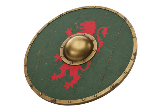 Isolated medieval shield with golden accents, wooden surface, and red lion crest design