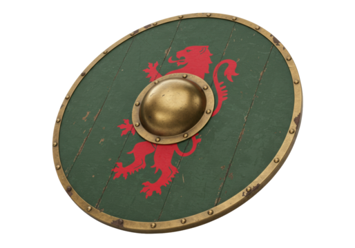 Isolated medieval shield with golden accents, wooden surface, and red lion crest design