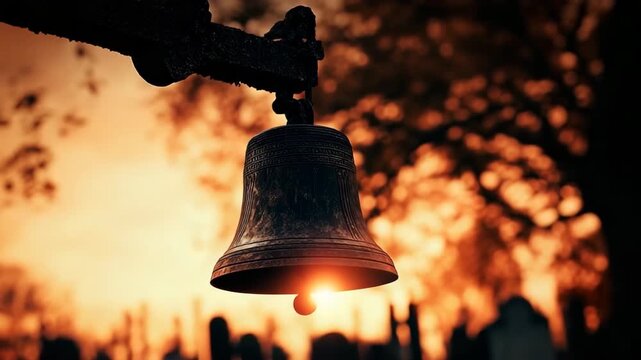 Mysterious antique church bell stands in foggy cemetery at night among ancient stone tombs