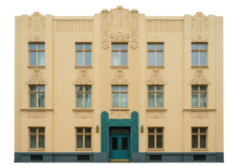 Isolated Art Deco building exterior, symmetrical facade with teal door, vintage urban architecture