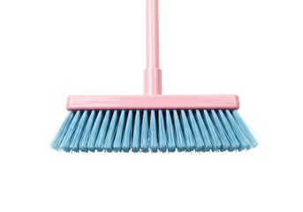 Isolated household plastic broom with pink head and handle and blue bristles, floor cleaner
