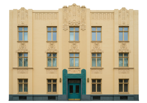 Isolated Art Deco building exterior, symmetrical facade with teal door, vintage urban architecture