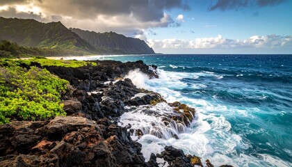 Ocean Waves Crashing Against Rocky Shoreline in Kauai with Distant Mountains and Dramatic Clouds Under Bright Sunlight