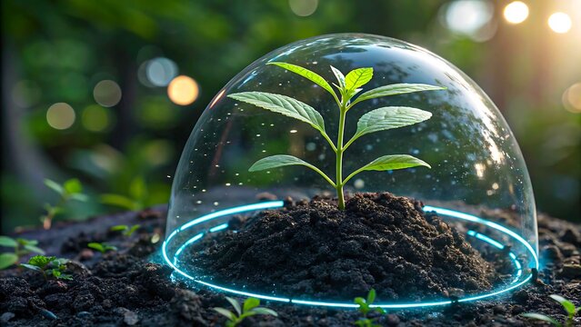 Young green plant protected under glass dome symbolizing environmental conservation
