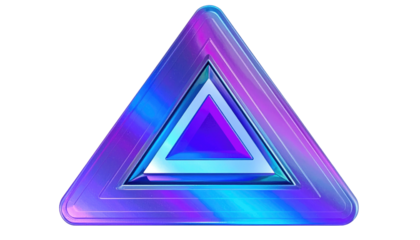Multilayered triangle with holographic gradient, illuminated with neon blues, pinks, and purples on a dark backdrop