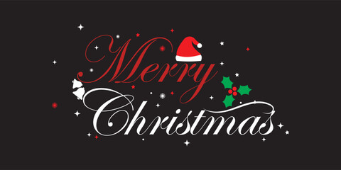 Holiday Season Merry Christmas Text Art with Red and White Typography. Merry Christmas Calligraphy Design on black Background. Beautiful Christmas Script Calligraphy Art with Snowflake Decoration. 
